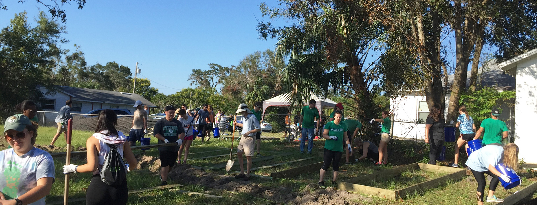 A large group of volunteers are building wooden boxes and other tasks to install garden.