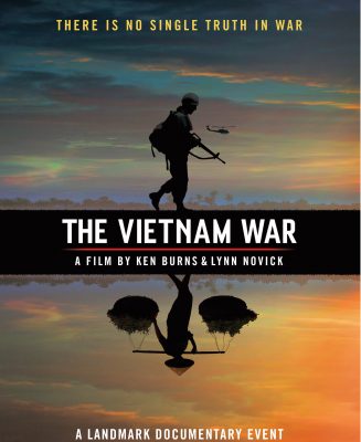 Poster for TV series, showing soldier carrying gun, military helicopter and Asian farmworker.