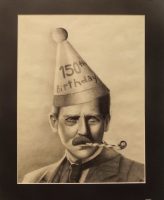 picture of Oscar Bluemner wearing a birthday cap writh 150th written on it and with a party favor