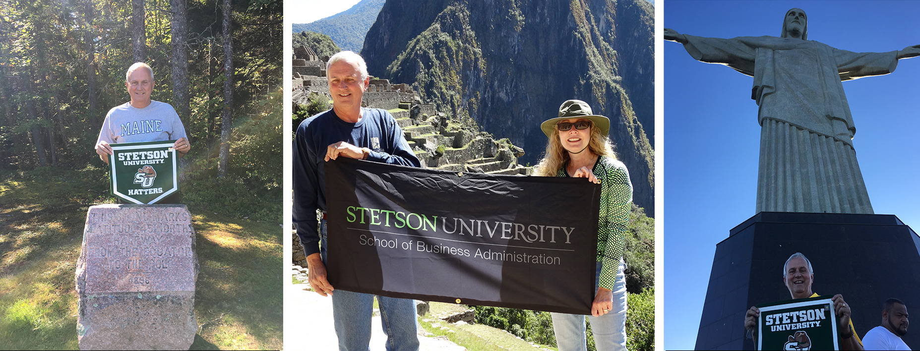 Three photos: Ernie Peterson hold a Stetson banner at a concrete marker for the 45th parallel north in Maine: The couple hold a larger banner at Machu Picchu, Peru; and Ernie holds a flag in front of statute, Christ the Redeemer, looming tall behind him, in Brazil.