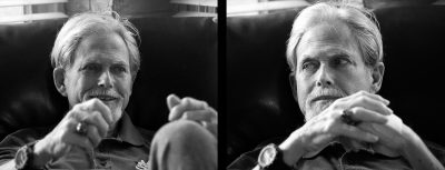 two black and white portraits of Michael Fronk seated in a recliner chair in his home