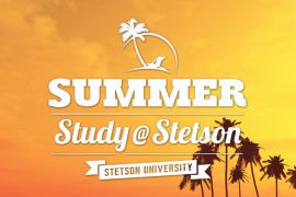 Graphic that has pretty orange and yellow colors with palm trees that says, Summer Study @ Stetson.