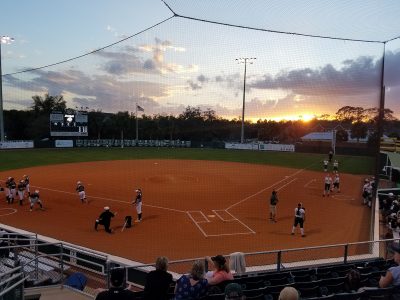 wide shot of the softball complex as the sun sets