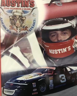 A photo montage of Anthony in a race car helmet and a #3 race car.