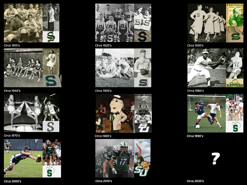 montage of images of athletes in uniforms with University brand through the decades since the early 1900s.