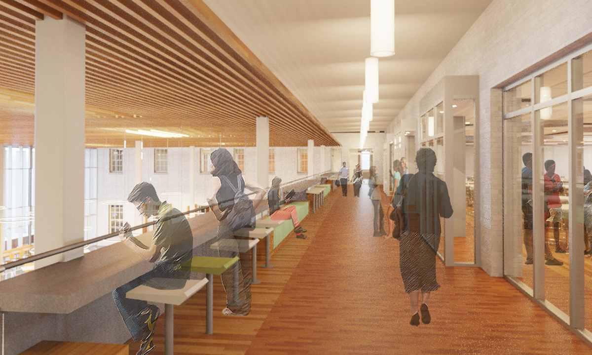 Rendering shows balcony walkway with wood on the ceiling, wood floors, people walking and students at a bar with stools overlooking the dining room and others inside the glass doors of the Stetson Room to the right.