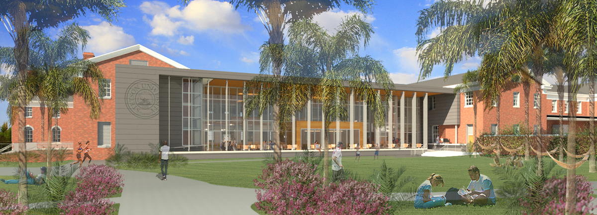 A rendering of the east exterior of the CUB, with its brick facade and new wall of glass along the Commons Dining Hall and outdoors a covered patio area and green space where students walk and sit on the grass.
