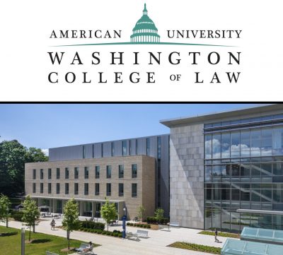 Graphic with text that says American University Washington College of Law over a building on the law school campus