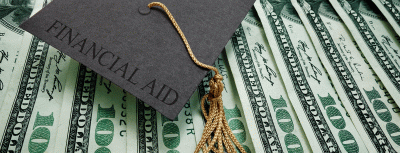 Graphic image of cap and tassel on a pile of 100 dollar bills