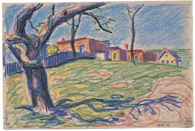 a colored sketch of a hillside with houses and a tree in the foreground.