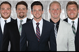 portraits of five players in suits and ties, who made the 2018-Academic-All-PFL Team
