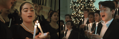 A montage of two scenes of students dressed in formal attire and singing with candles.