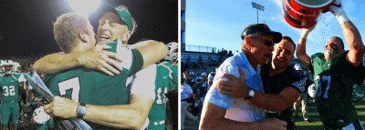 Montage of two photos: one hugging quarterback on the field after a game, and players dumping cooler of cold water on him following another game.