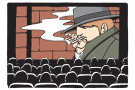 Graphic illustration of people in a darkened movie theater, watching a young men smoking a cigarette.
