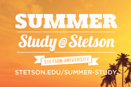 graphic with orange and yellow sky and palm trees, and says Summer Study at Stetson