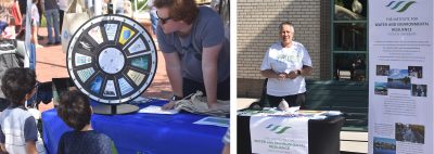 montage of two photos: children at a table with a spin the wheel game; a woman stands at table and display for Stetson's Institute of Water.