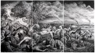 charcoal drawing of wave of people in despair crossing land