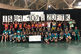 A big group shot from Hatterthon with people holding signs showing the amount raised.