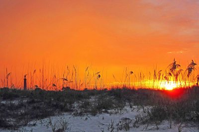 pretty shot of dunes and rising sun, orange sky.