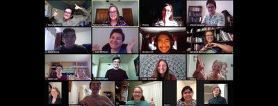 a screenshot of a videoconference call with a dozen students and the professor