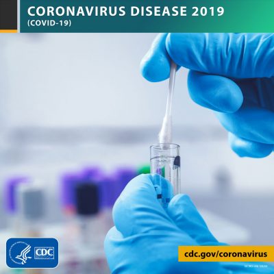 Graphic from CDC showing gloved hand and nose swab for COVID-19 testing