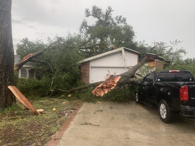 trees have fallen across a brick house and a black pickup truck