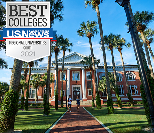 Students walk in front of Sampson Hall, plus "Best Colleges" badge from U.S. News and World Report