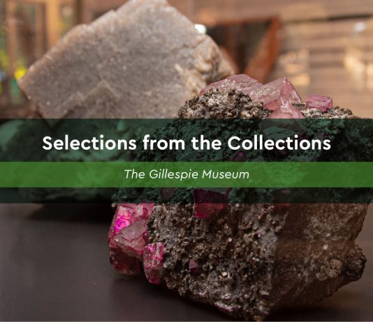 Rock specimens with graphic tat says "Selections from the Collections: Gillespie Museum"