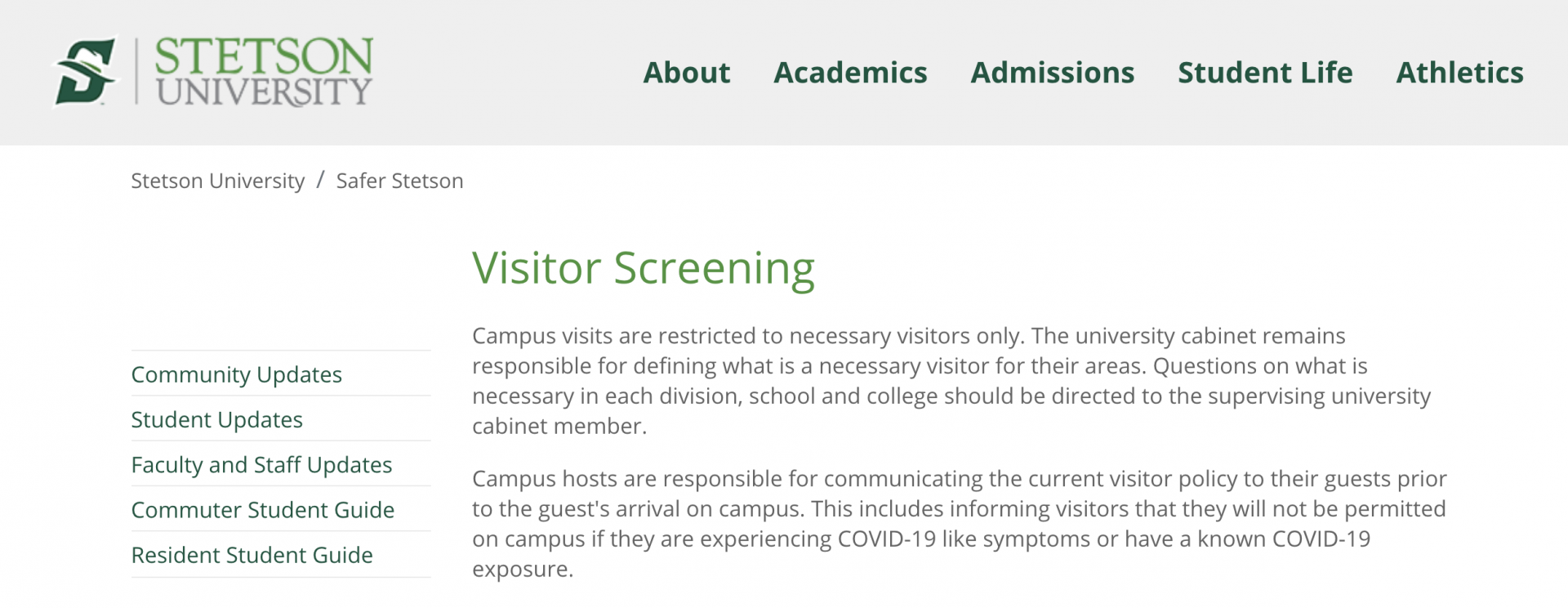 Updates on Contact Tracing, Visitor Screening and COVID19 Testing Stetson Today