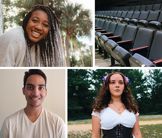montage of three student portraits and inside of theater with empty seats