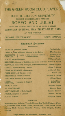 Playbill for a 1919 production of Romeo and Juliet in the Forest of Arden.