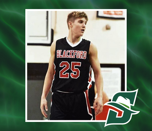 Indiana high school basketball star Luke Brown stands on the basketball court in this graphic that also features the Stetson Athletics logo.