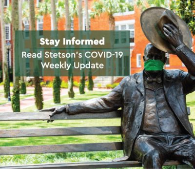 John B. Stetson statue wears a face covering on campus.