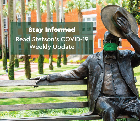 John B. Stetson statue wears a face covering on campus.