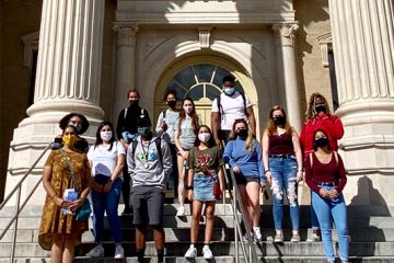 Rajni Shankar-Brown’s FSEM class gathers outside the Volusia County Historic Courthouse in DeLand
