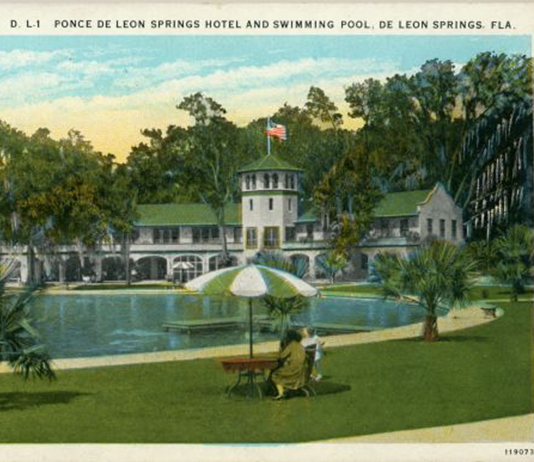 Old postcard of DeLeon Springs hotel and casino before it became a state park