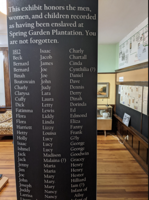 Photo of exhibit listing names of local slaves