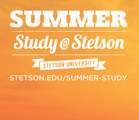 graphic that says Summer Studay at Stetson with an orange sky