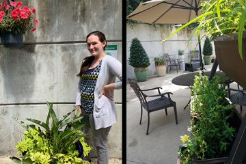 Montage of plants and a patio table with umbrella; and Kelly Larson with potted plants in the Nemec Courtyard