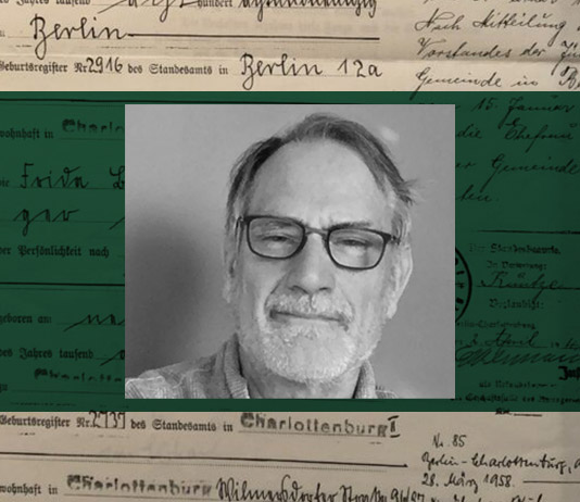 Graphic image of his portrait with historic German documents
