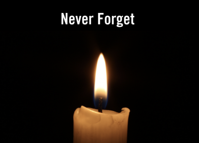 Graphic image of a burning candle with the words, Never Forget