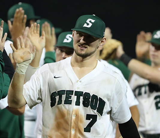 Deland, FL, USA. 27th Mar, 2021. Stetson outfielder Andrew MacNeil (7)  during NCAA baseball game between the Florida Gulf Coast Eagles and the  Stetson Hatters at Melching Field in Deland, FL Romeo