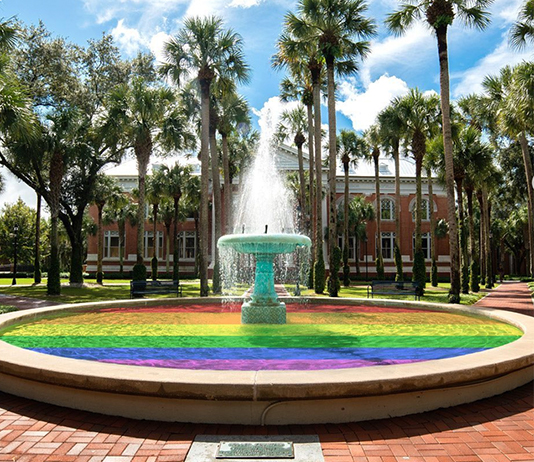Stetson's Hollis Fountain has the water colored for Pride Month with rainbow colors.