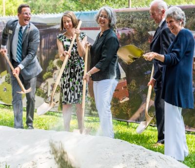 Stetson officials use shovels to move dirt at groundbreaking for Brown Hall, for Year in Review 2021
