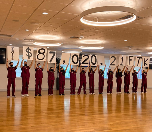 Students hold up signs with the amount raised.