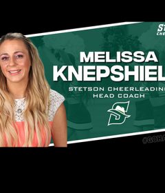 Graphic with photo of new cheer coach with her name and Hatters logo.
