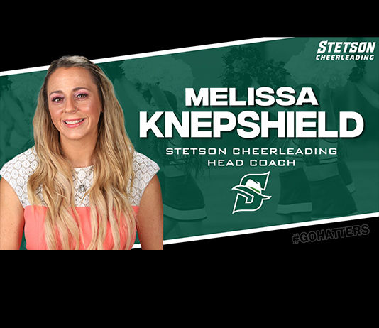 Graphic with photo of new cheer coach with her name and Hatters logo.