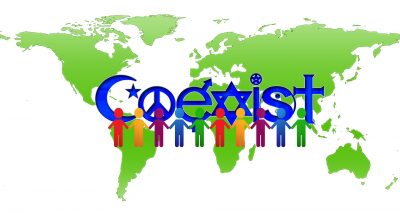 Graphic with world and Coexist religious symbols