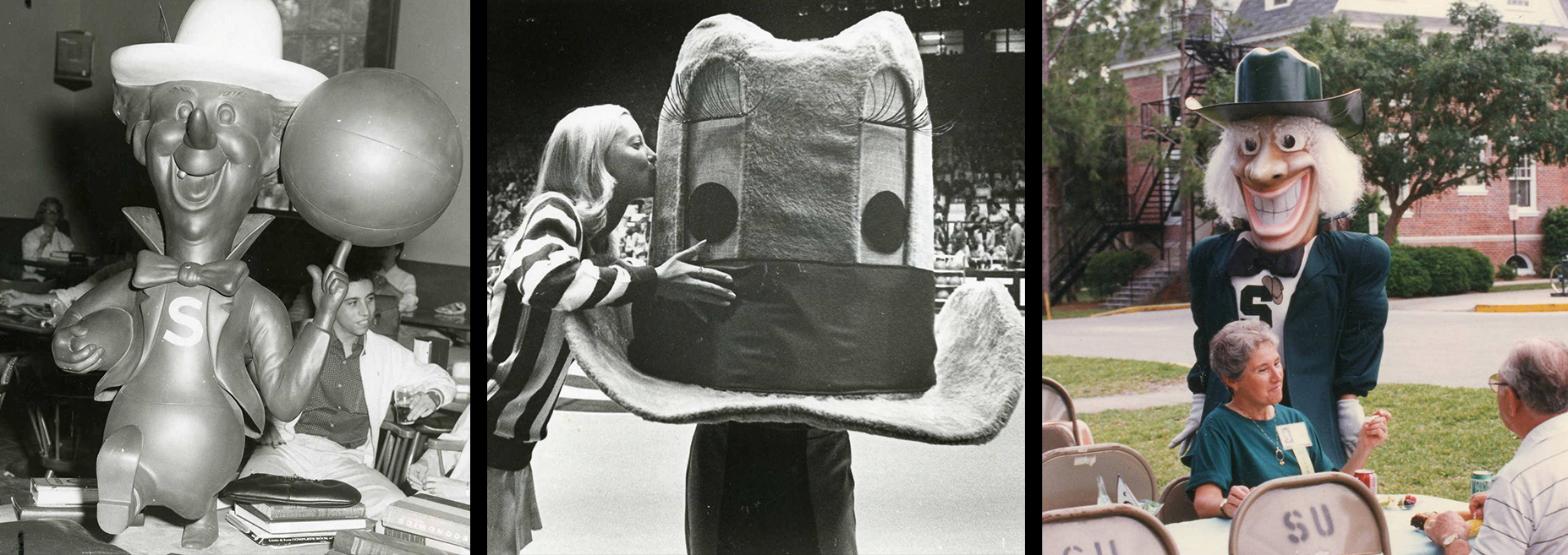 montage of three photos of previous mascots in the 1960s,1970s and 1990s