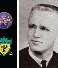 Max Cleland appears in his 1964 Stetson yearbook photo with two logos of the Lambda Chi Alpha fraternity